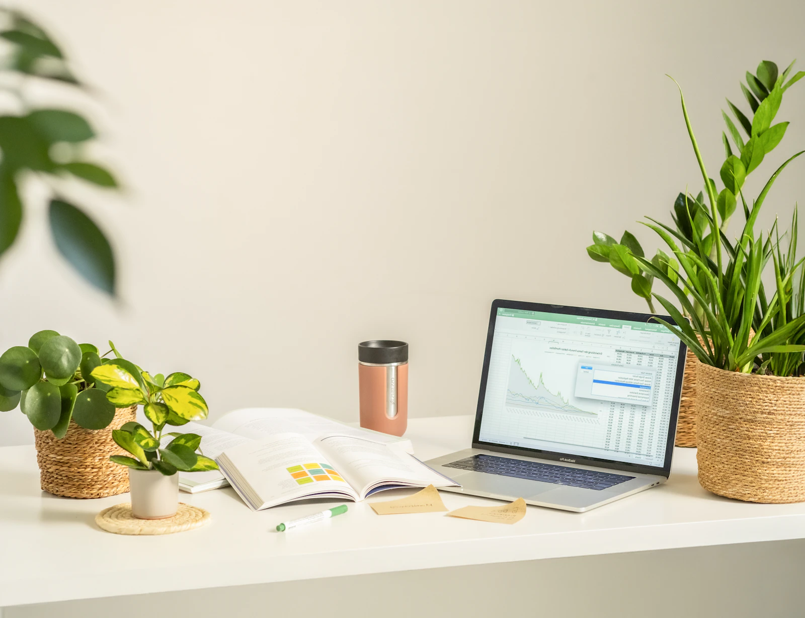 A bright desk with a laptop showing data, an open book, and green plants