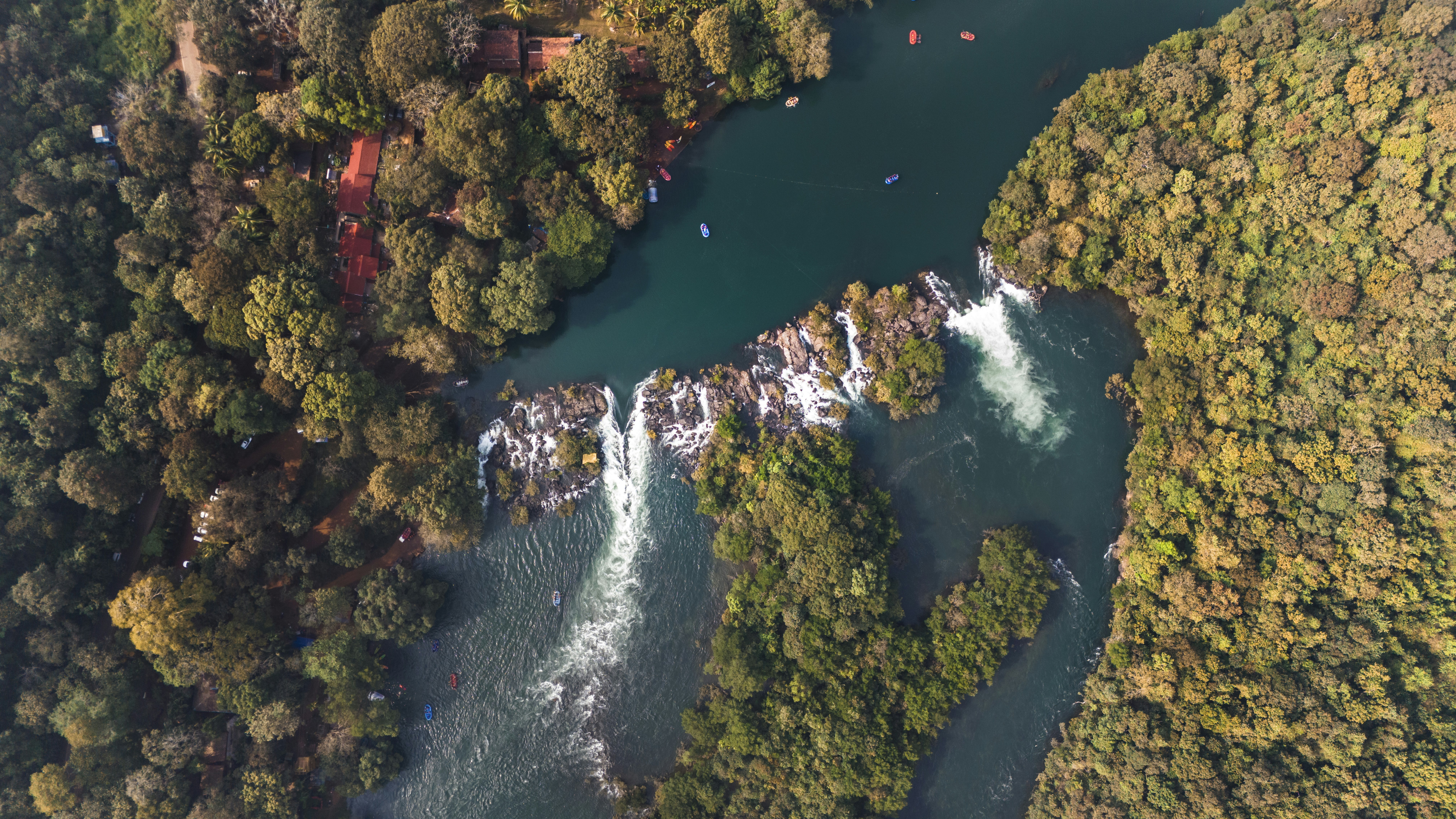 A waterfall cascades through a lush green forest.