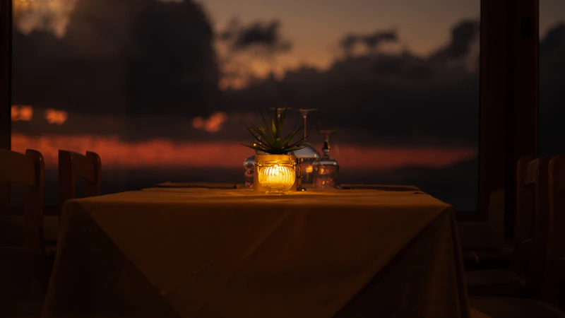 Dinner table is set at sunset.