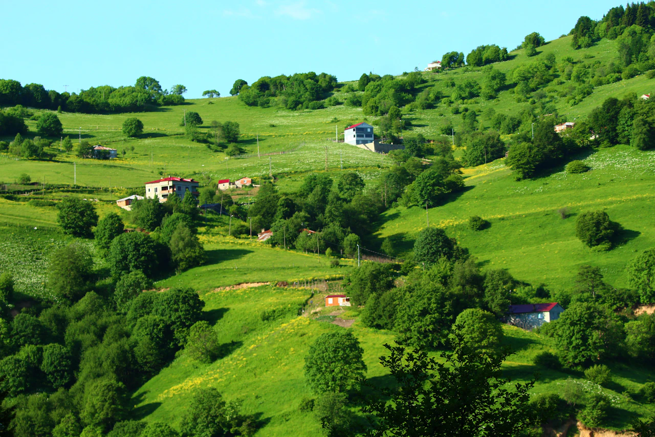 Rolling green hills with houses scattered throughout