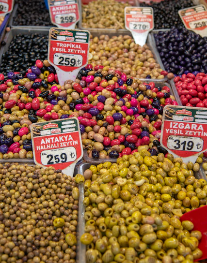 Olives of many varieties and colors on display.
