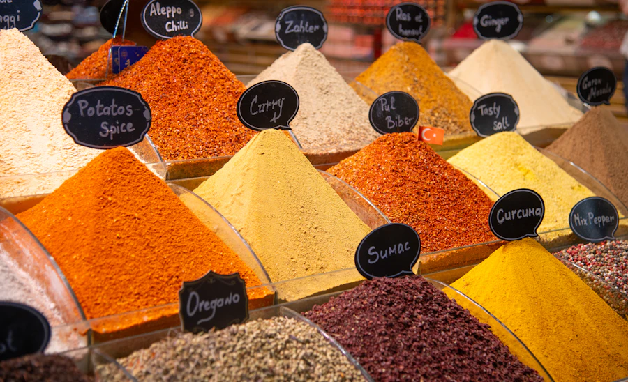 Assorted whole spices displayed at a market stall
