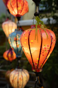 Colorful lanterns illuminate in a beautiful display.