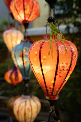 Colorful lanterns illuminate in a beautiful display.