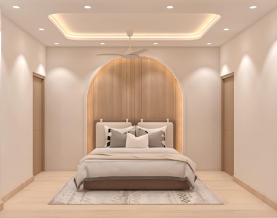 A modern bedroom with a stylish, neutral aesthetic.