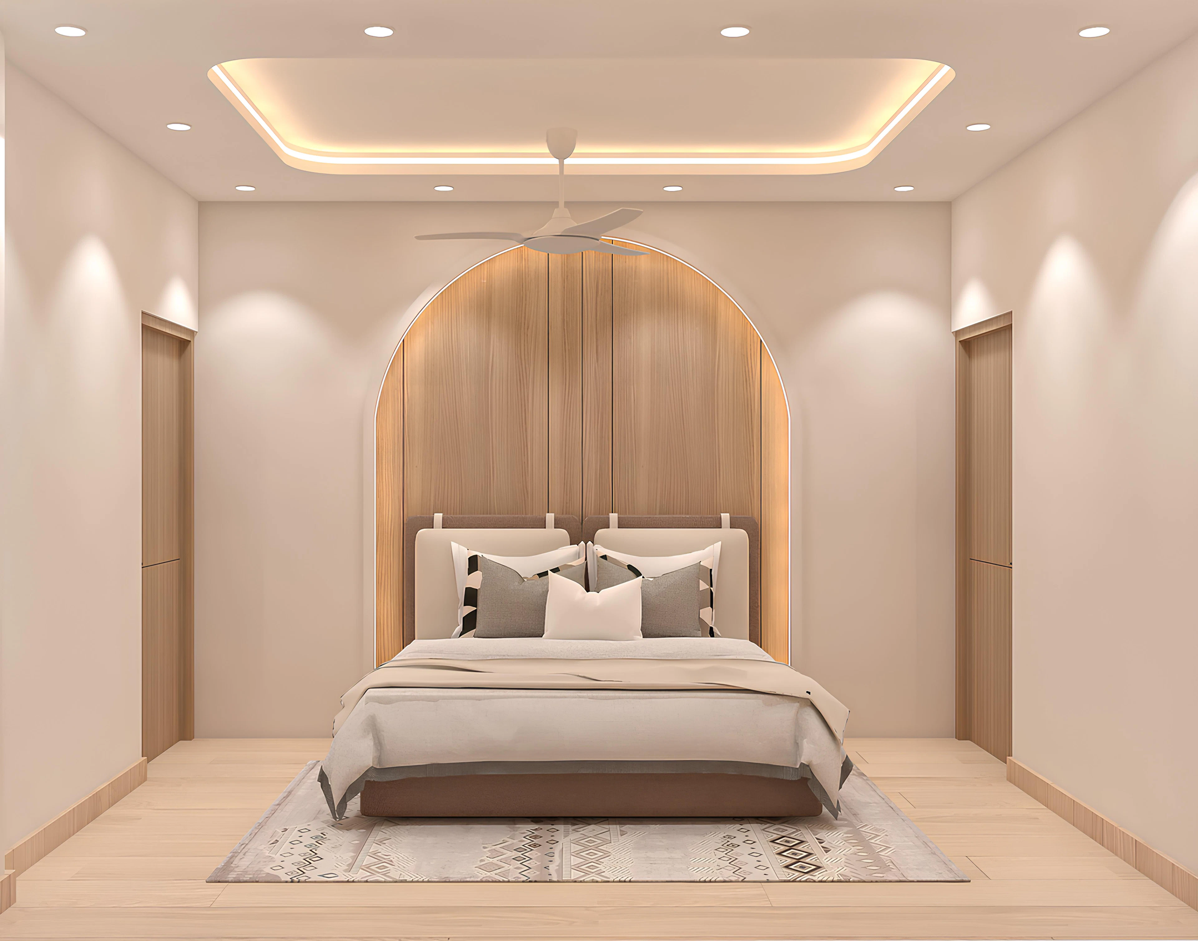 A modern bedroom in neutral tones with an arched wooden headboard