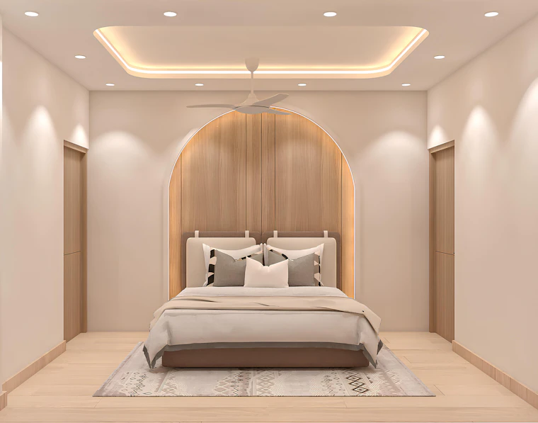 A modern bedroom styled in a calm, neutral palette