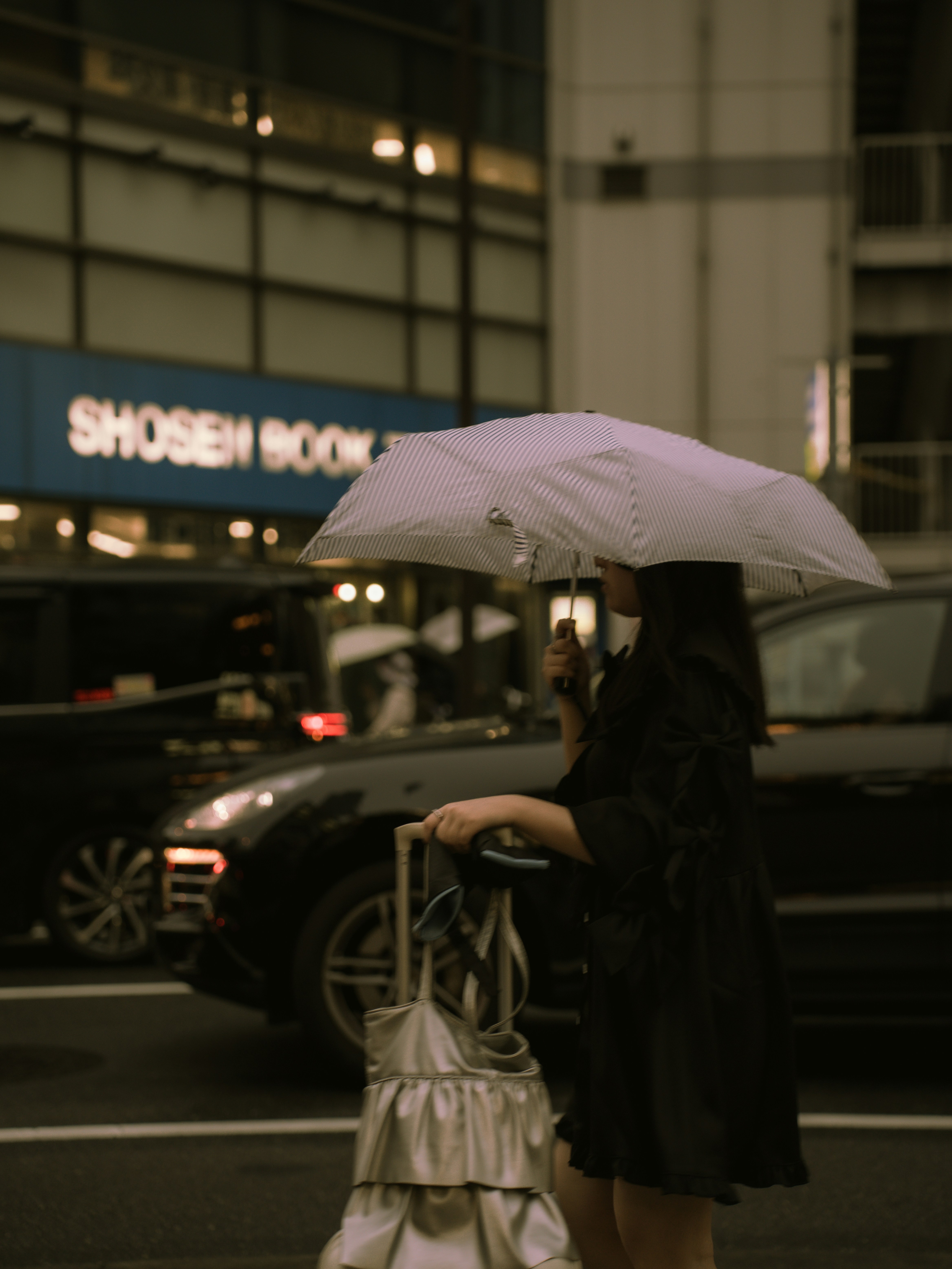 Woman with umbrella walks down a wet city street.