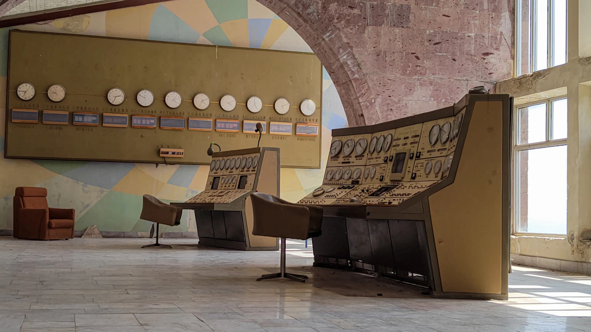 A vintage control room of labeled switches and analog panels that stay in the same positions