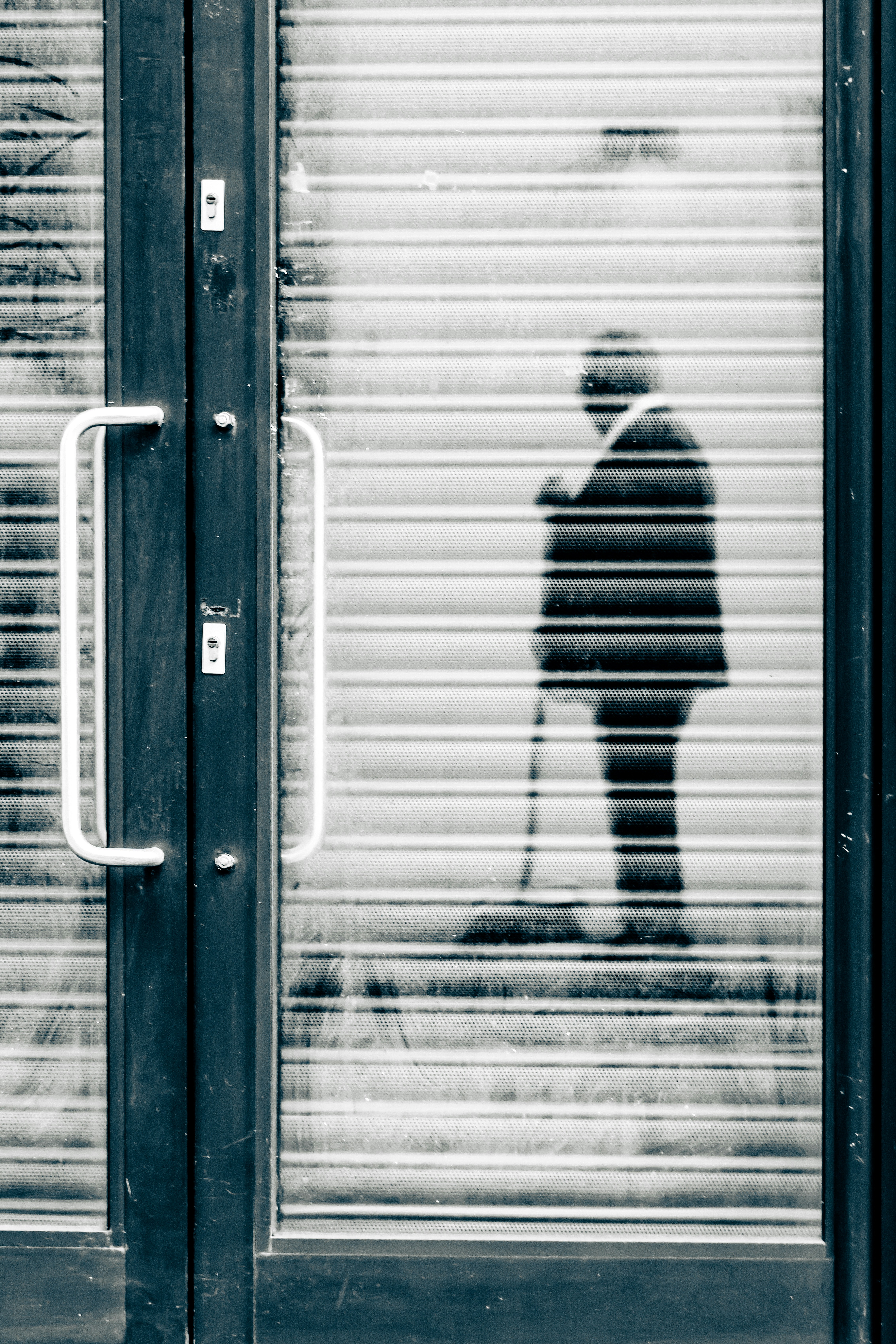 A businessman's silhouette stands behind closed shutters. photo – Free ...
