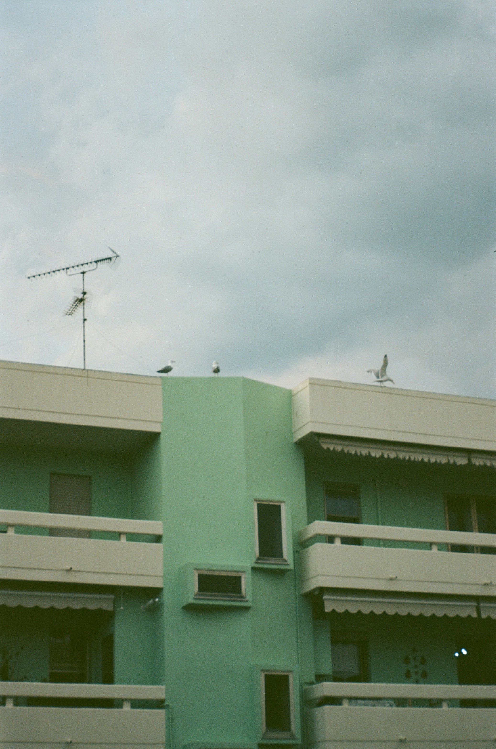 Green building against a cloudy sky.