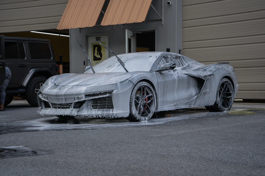 Sample image of a Corvette C8 being washed with foam