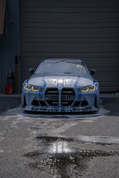 A BMW m4 gets a foamy car wash.