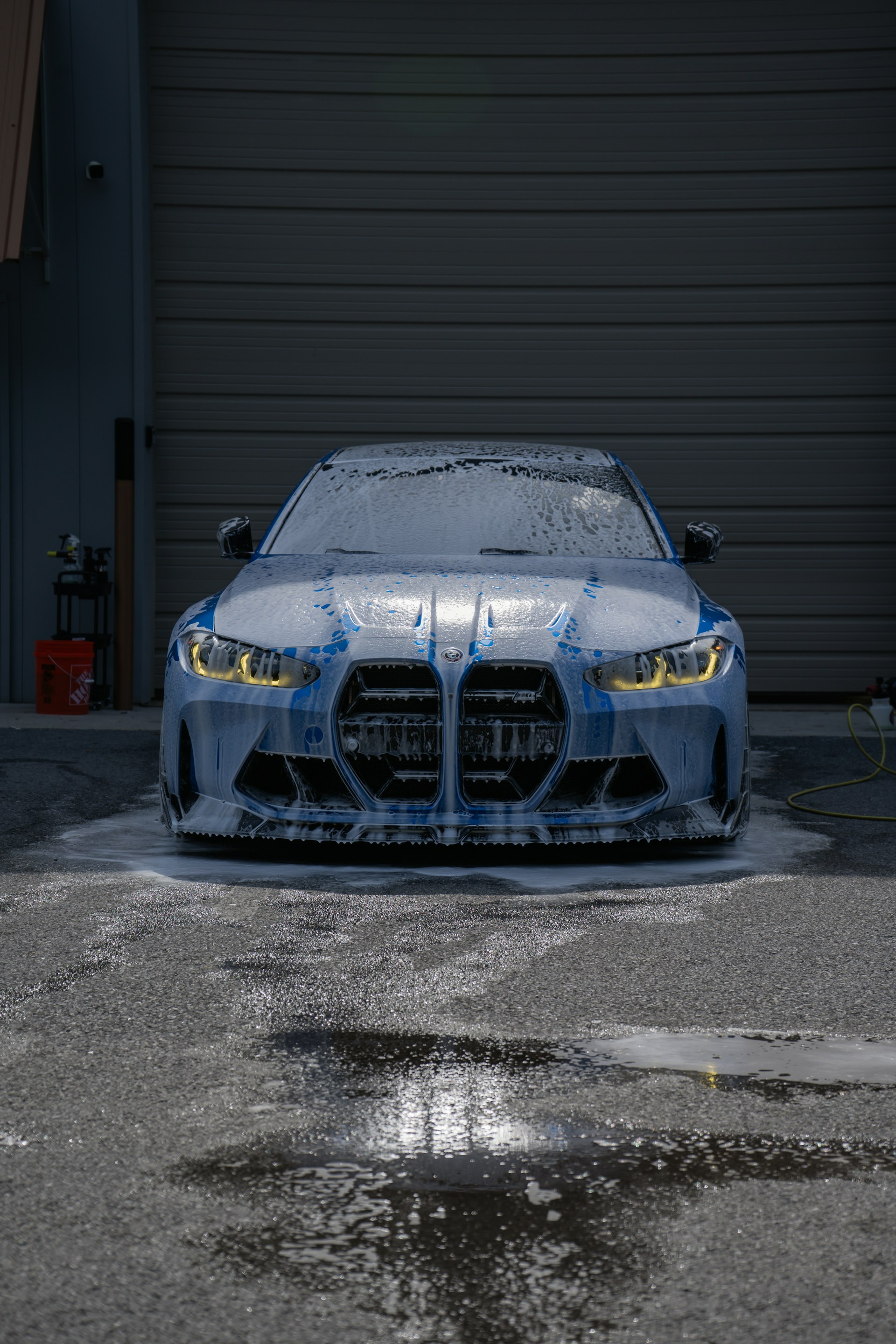 A BMW m4 gets a foamy car wash.