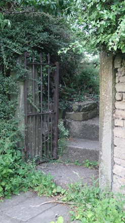 An old gate opens to a stone staircase.
