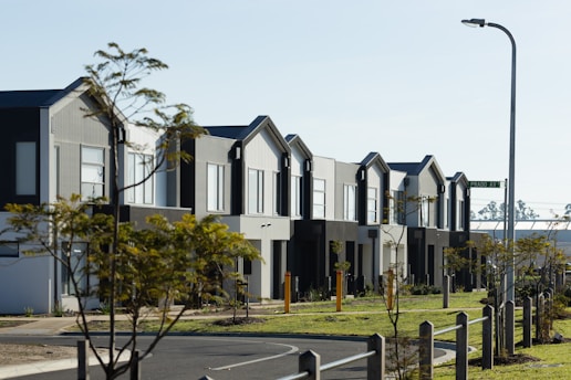 Row of modern houses with unique designs.