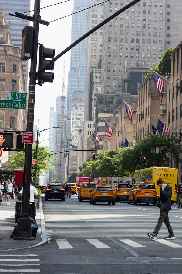 New York City street scene, urban main street, black and white