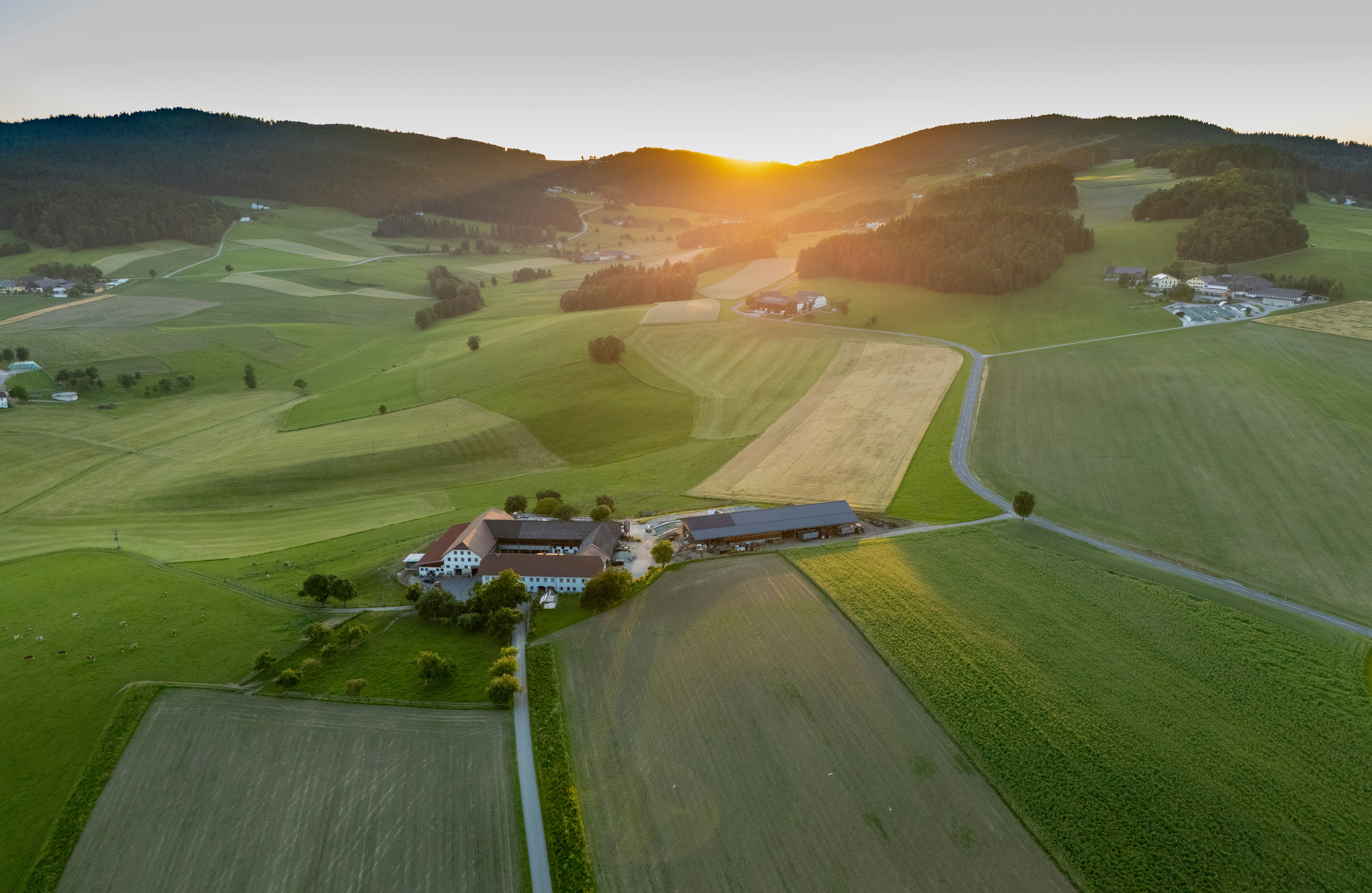 Ein Bauernhof liegt in einem grünen Tal bei Sonnenuntergang.