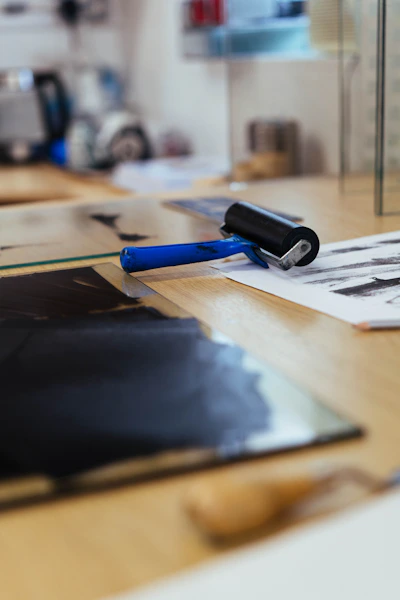 Printmaking tools rest on a wooden table.