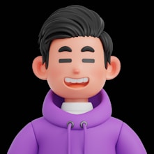 Smiling cartoon man wearing a purple hoodie.