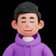 Smiling cartoon man wearing a purple hoodie.