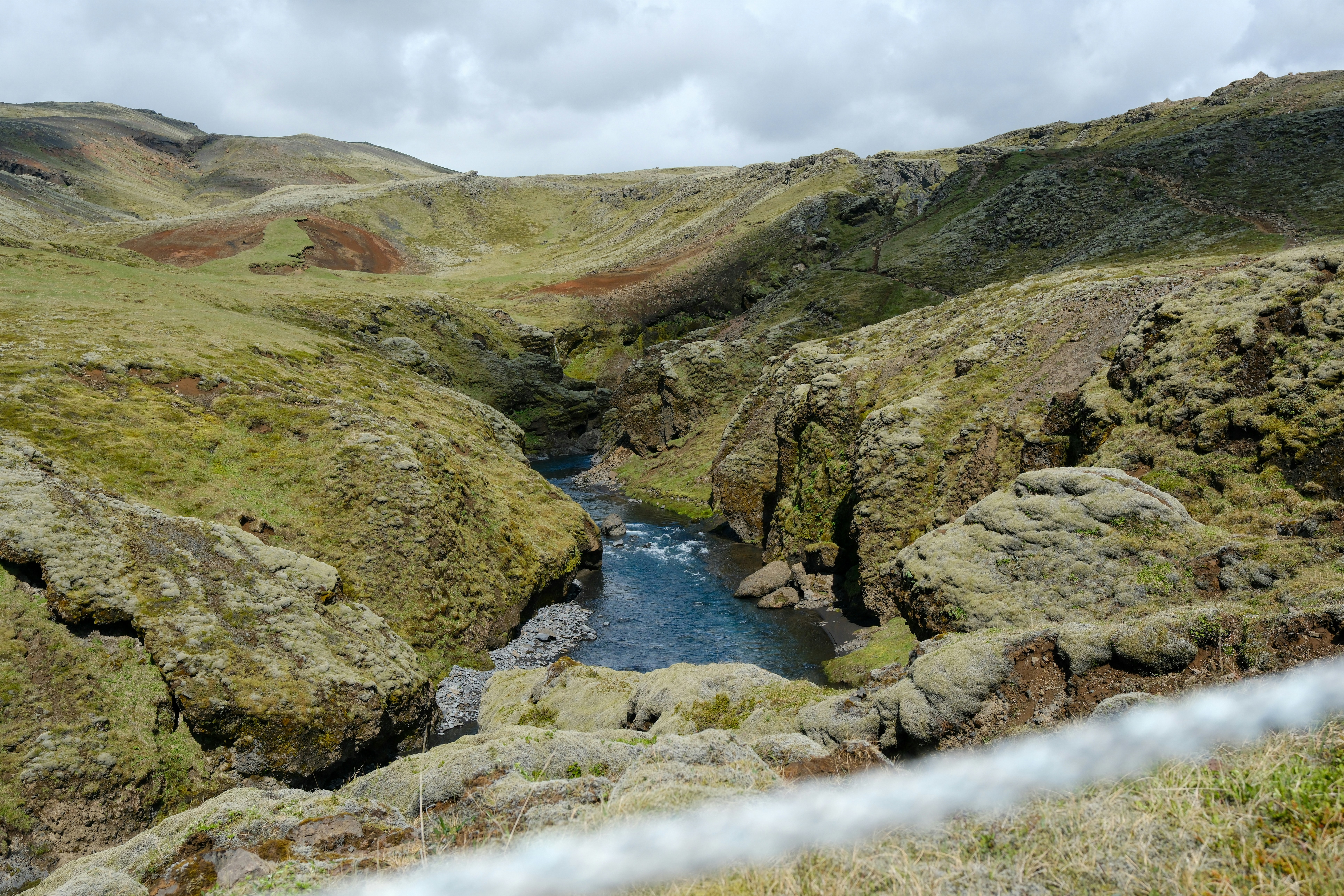 A river carves through a mossy canyon.