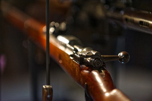A close-up shows a rifle's details.