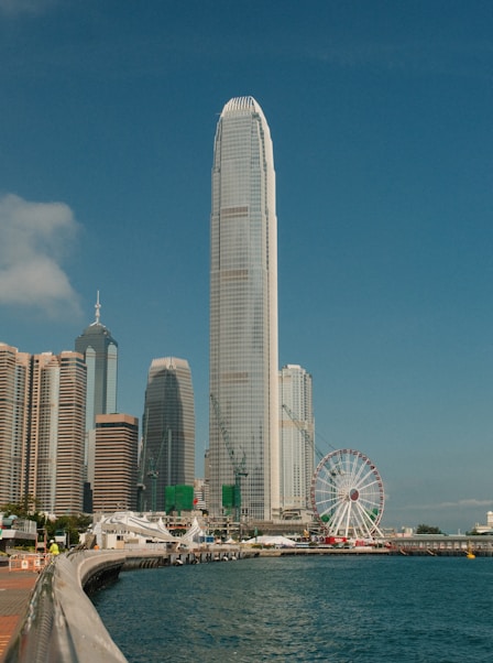 Hong kong skyline with a ferris wheel and skyscrapers.