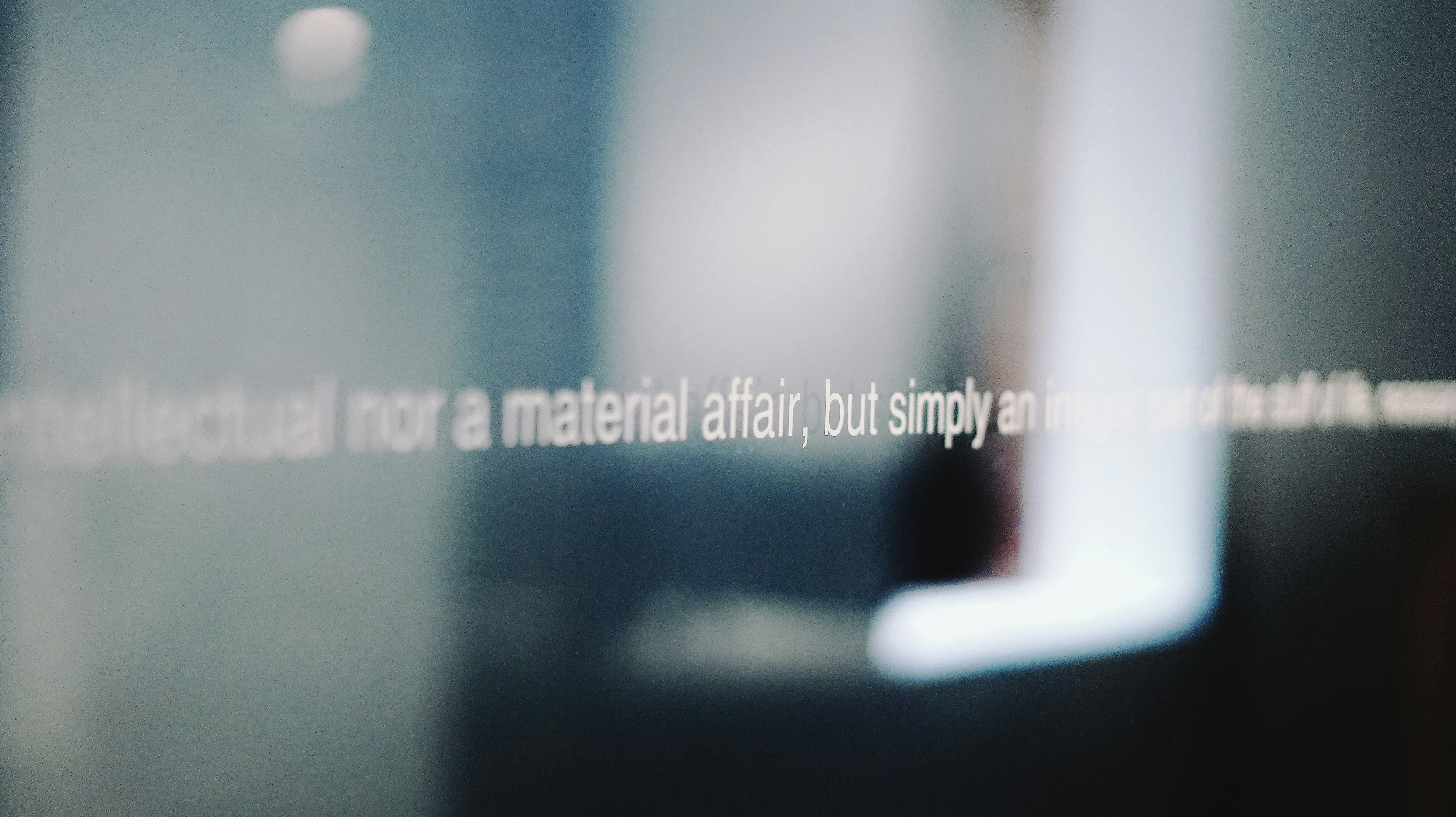 Blurred words appear in a photograph's blurry background.