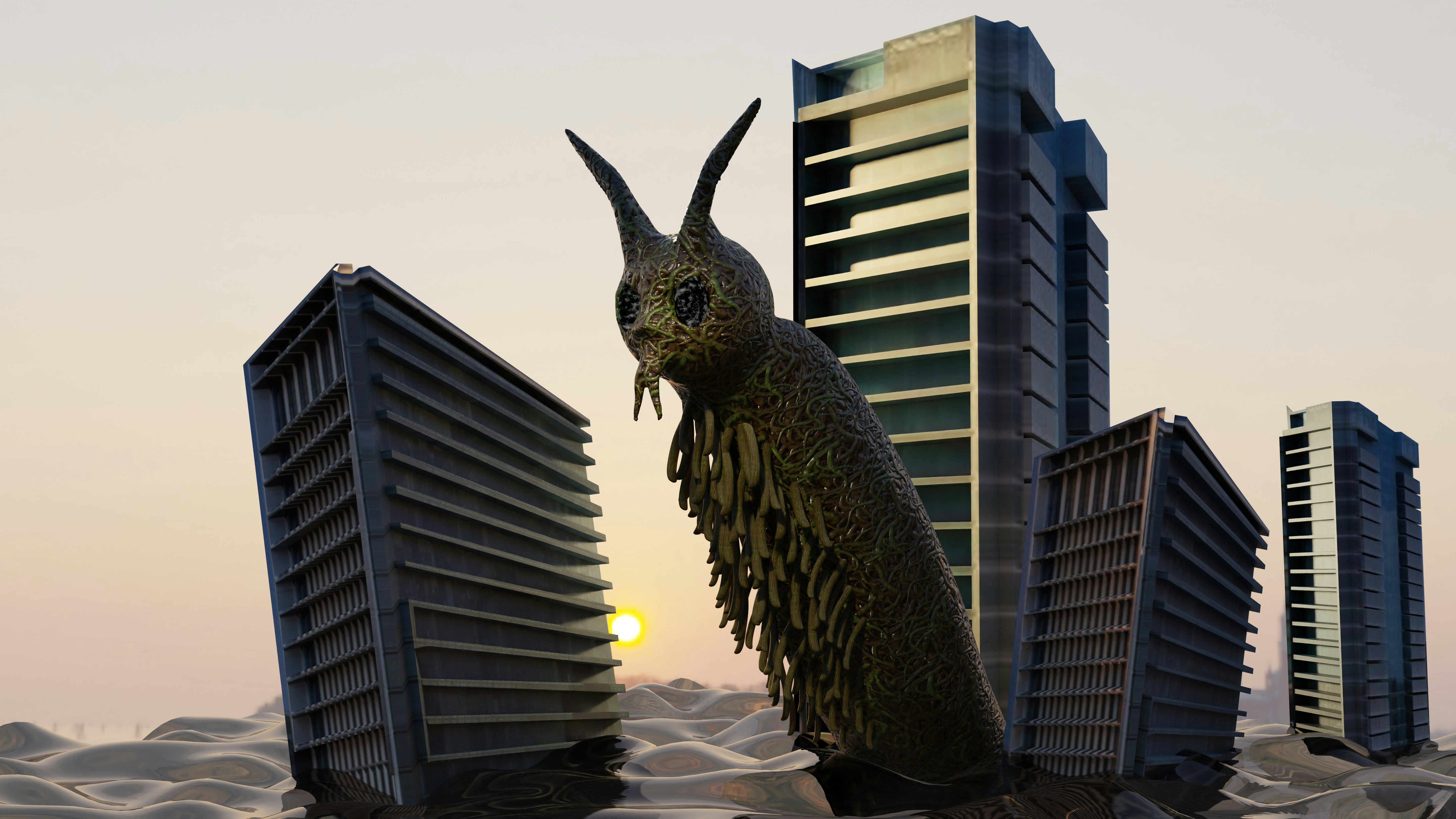 Um caracol gigante emerge da cidade inundada.