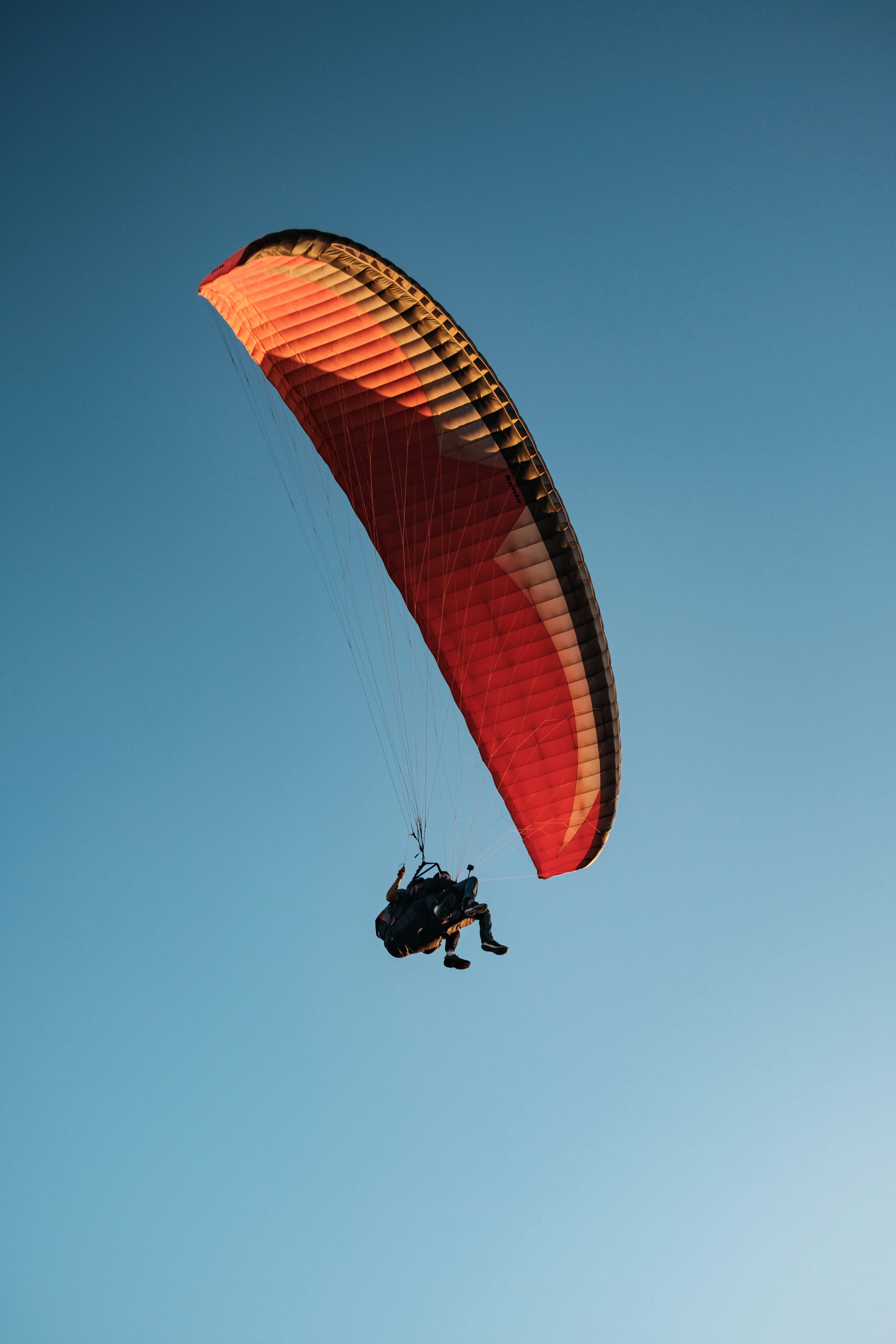Paraglider soaring through the clear, blue sky.