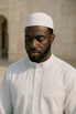 A man in islamic attire looks downward.