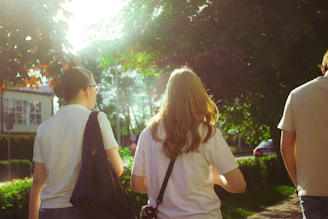 People are walking down a sunny path together.