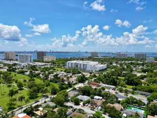 Aerial view of a city with buildings and trees.