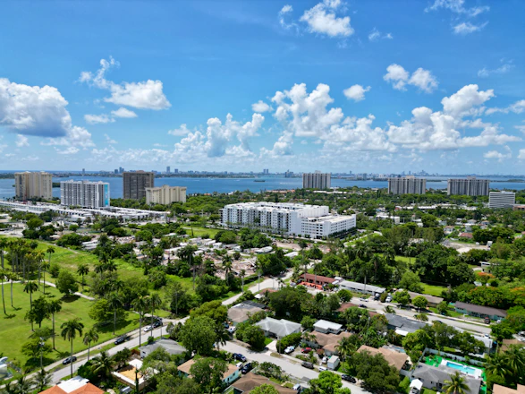 Aerial view of a city with buildings and trees.