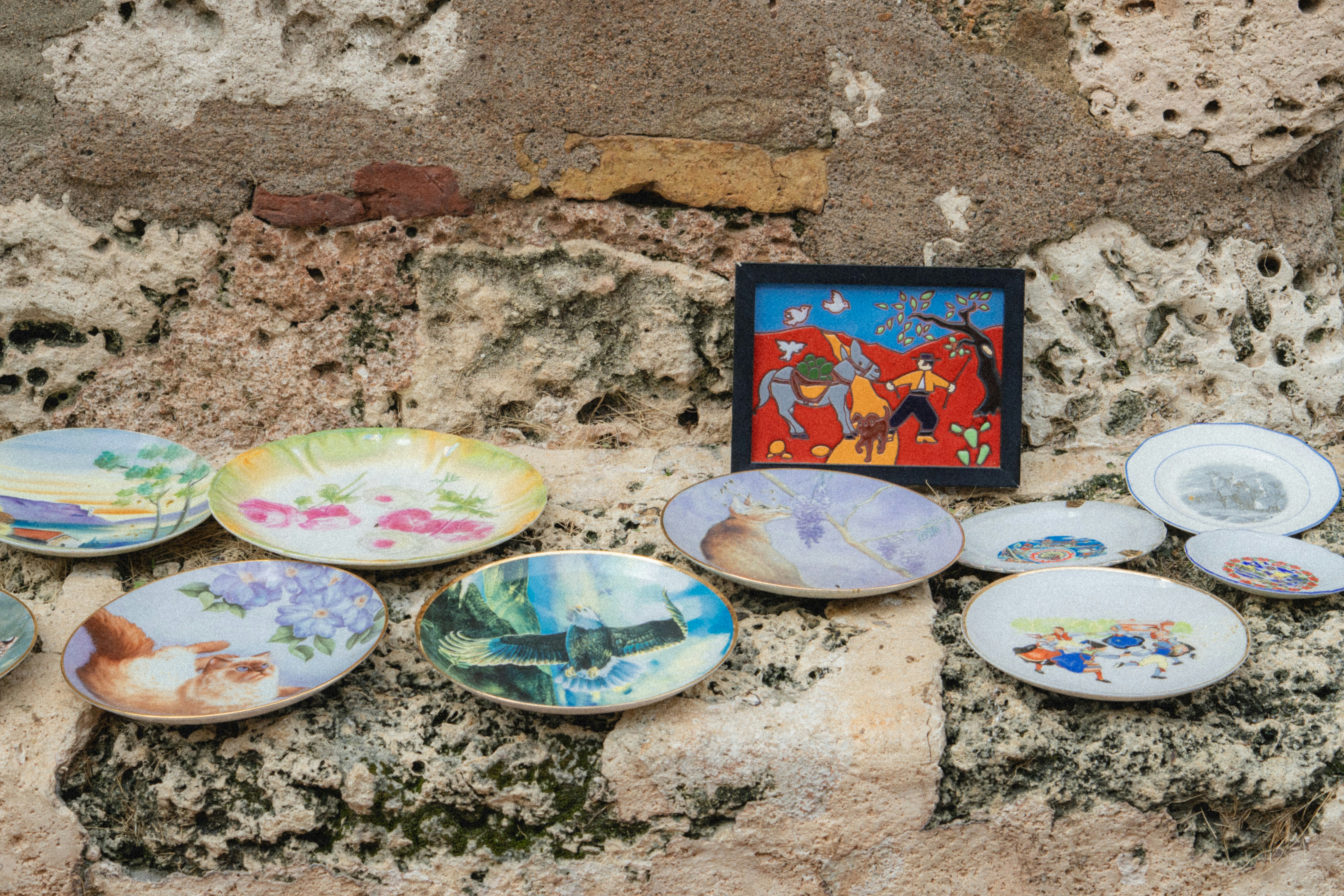 Des assiettes et une photo encadrée sont exposées sur un mur.