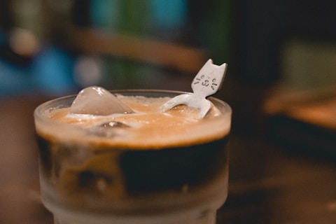 Iced coffee is topped with a cute cat stirrer.