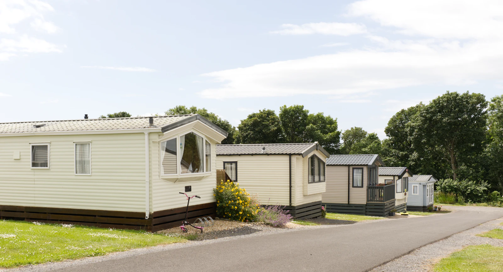 Static caravans lined along a holiday park road