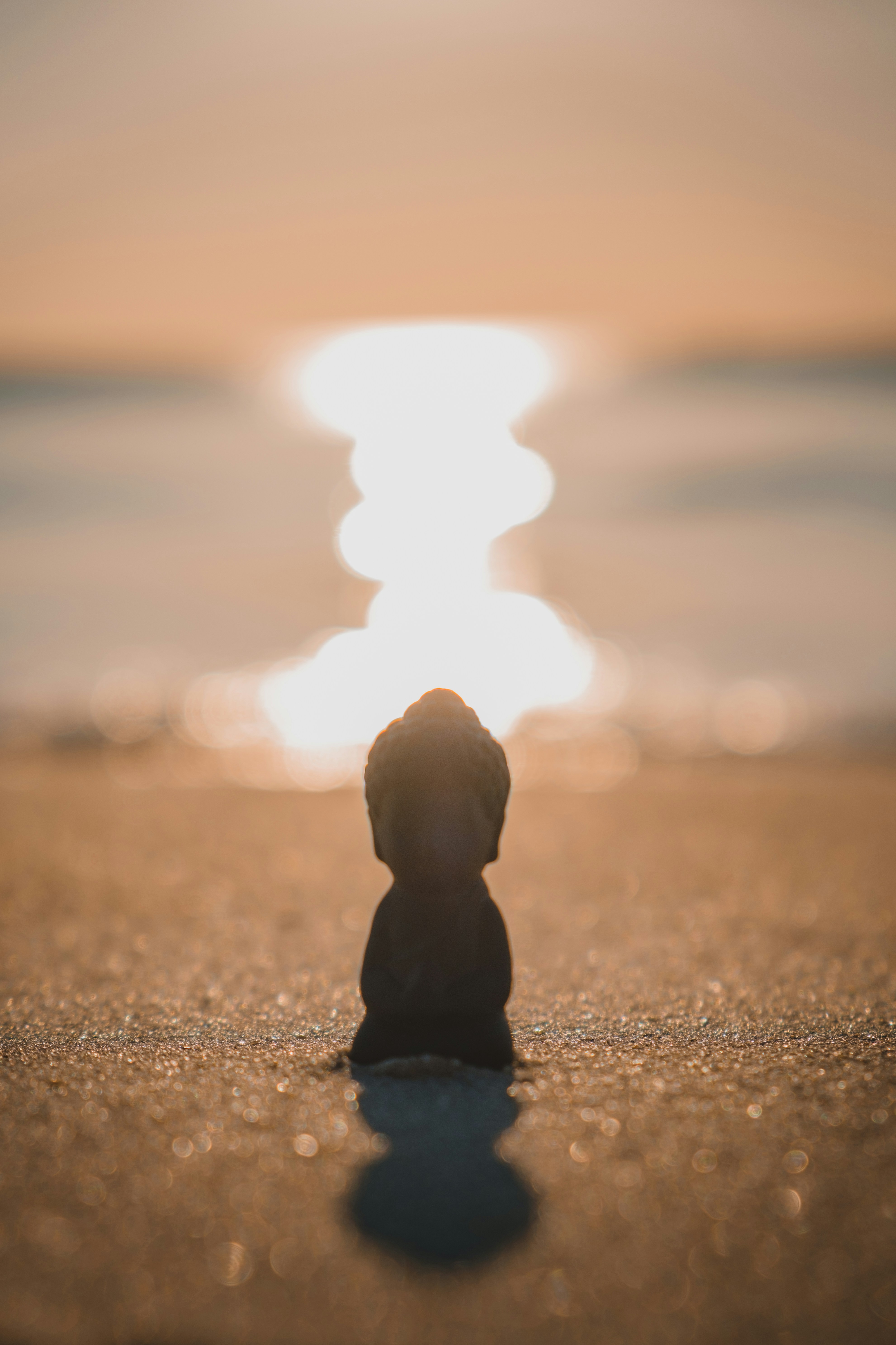 Eine Statue blickt auf den sonnenbeschienenen Ozean.