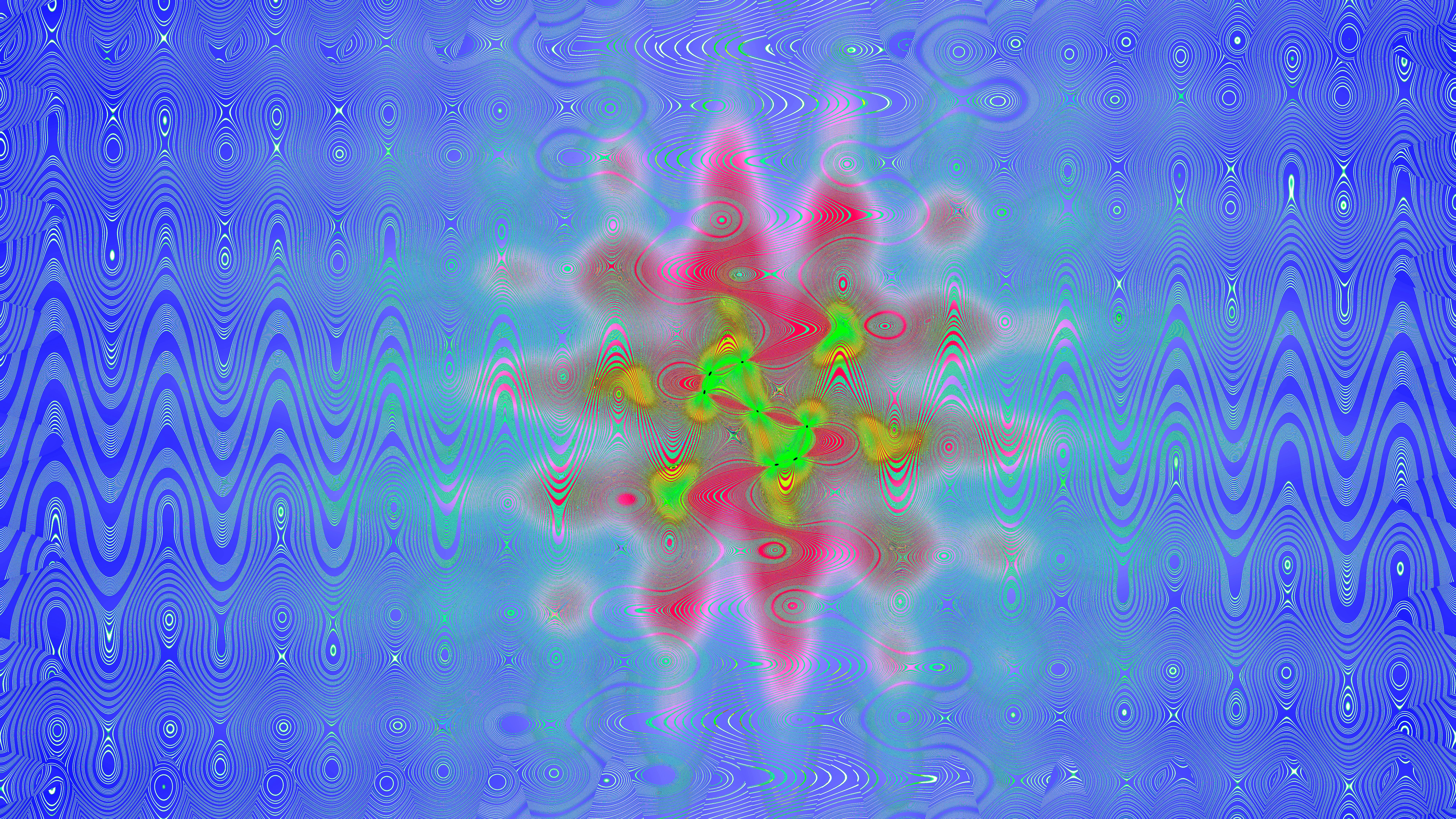 Abstract, colorful design with wave-like patterns.