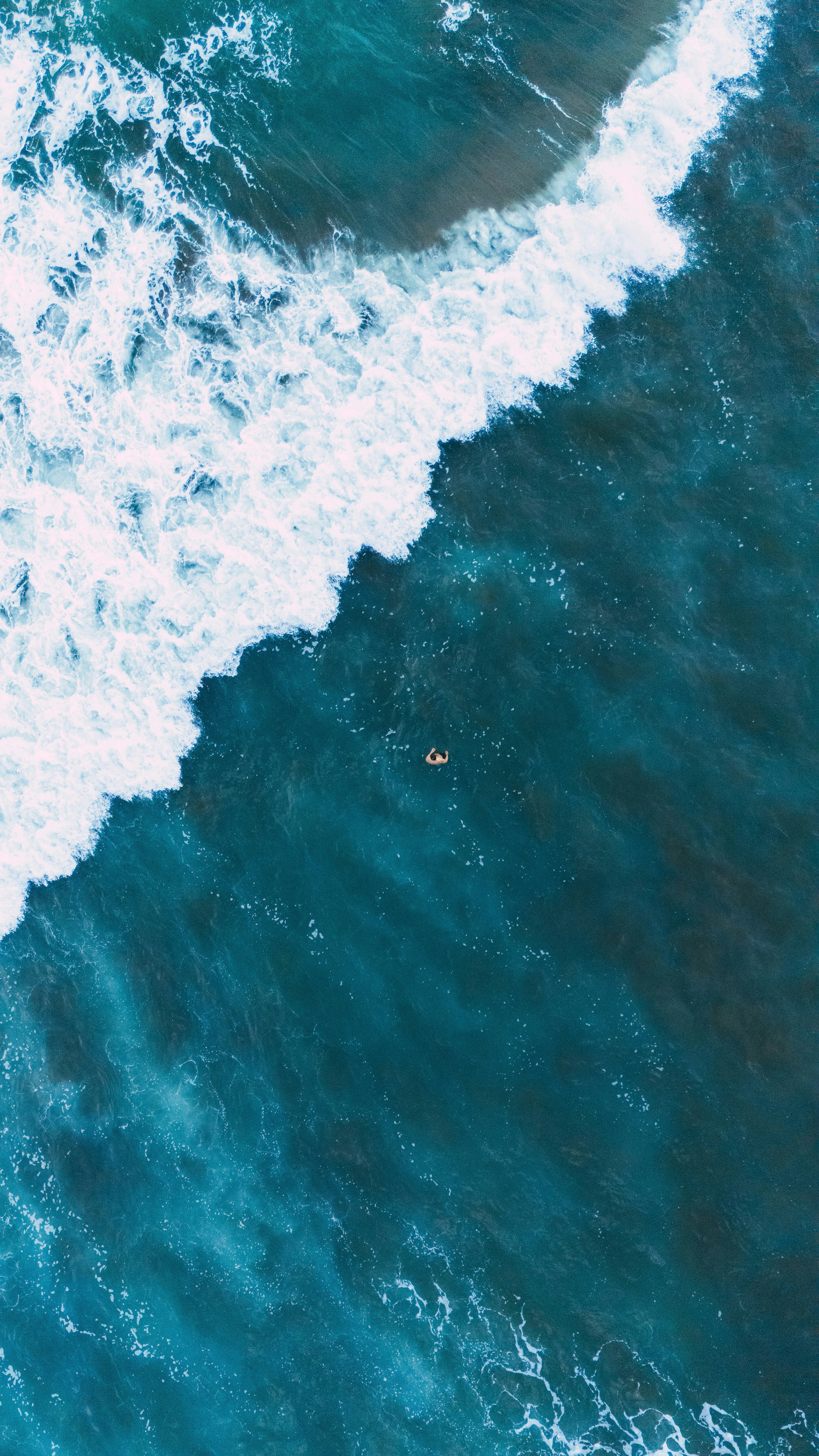 A person floats in the ocean with rolling waves.