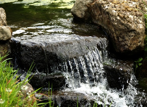 A small waterfall cascades over rocky terrain.