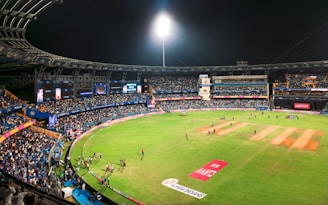 Cricket match is being played in a full stadium.