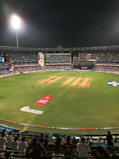 Cricket match happening at night under bright stadium lights.