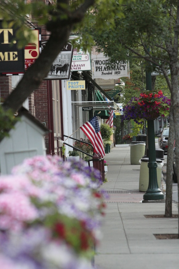 A charming downtown street with shops and flowers.