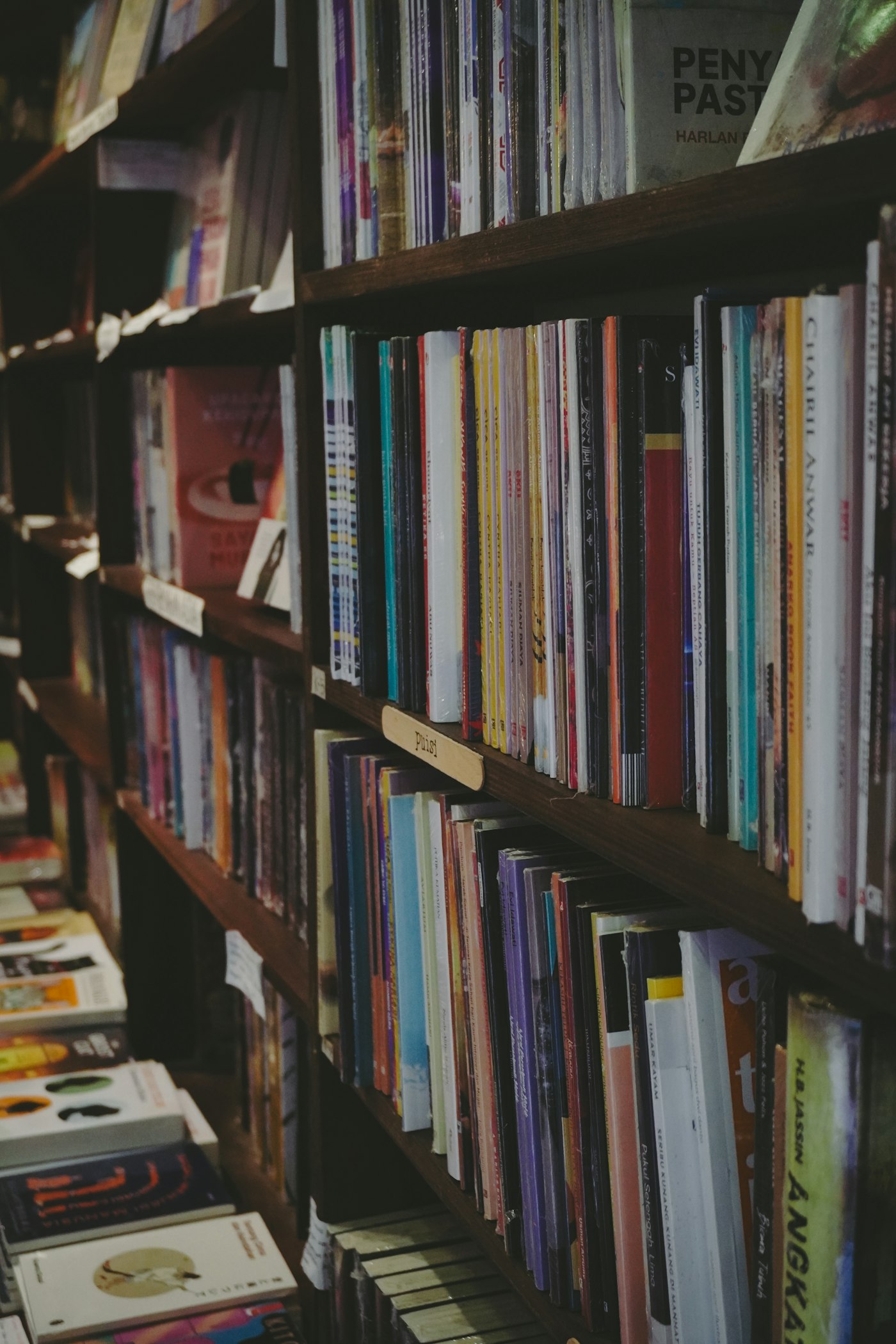 Books arranged on dark wooden shelves with handwritten shelf labels