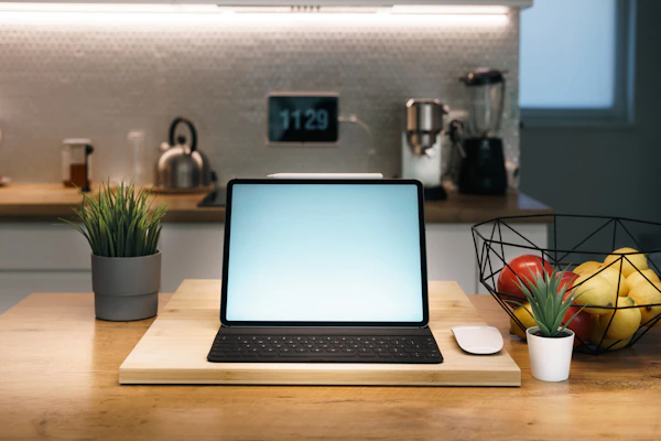 Ordinateur portable, souris et fruits sur le comptoir de la 