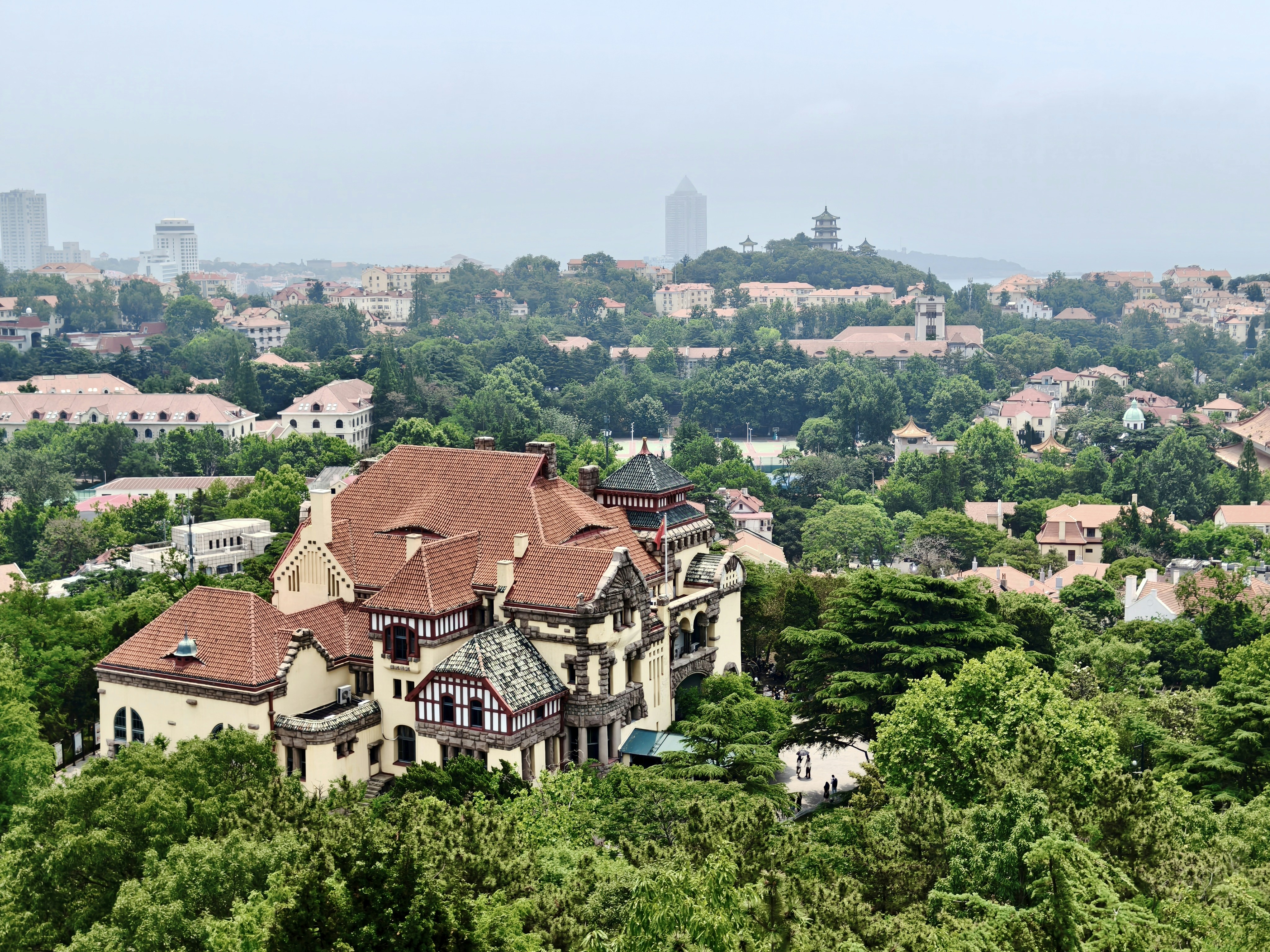 An aerial view of buildings and trees.