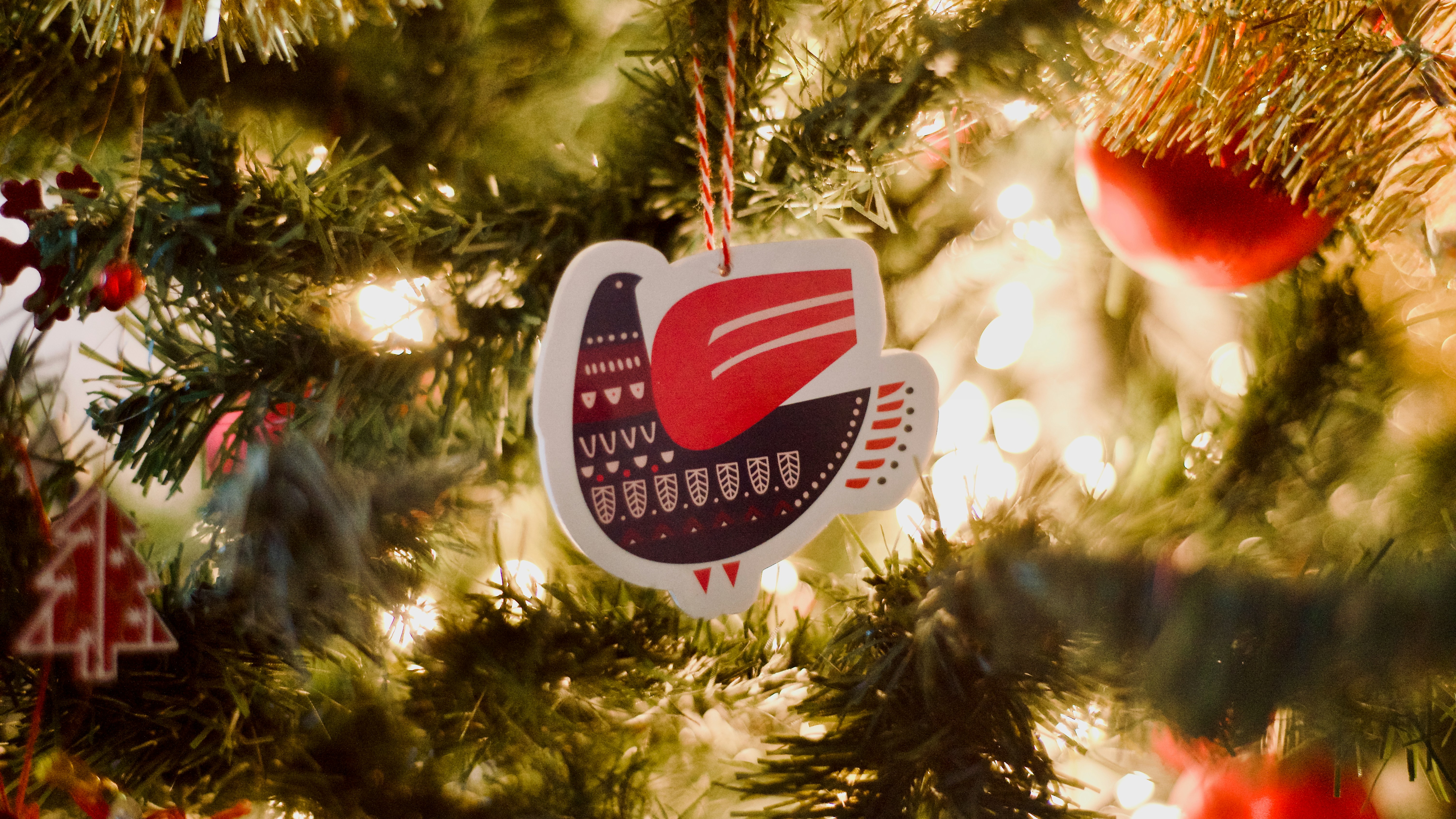 Christmas ornament hanging on a decorated tree.