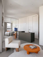 Modern, minimalist living space with open layout.